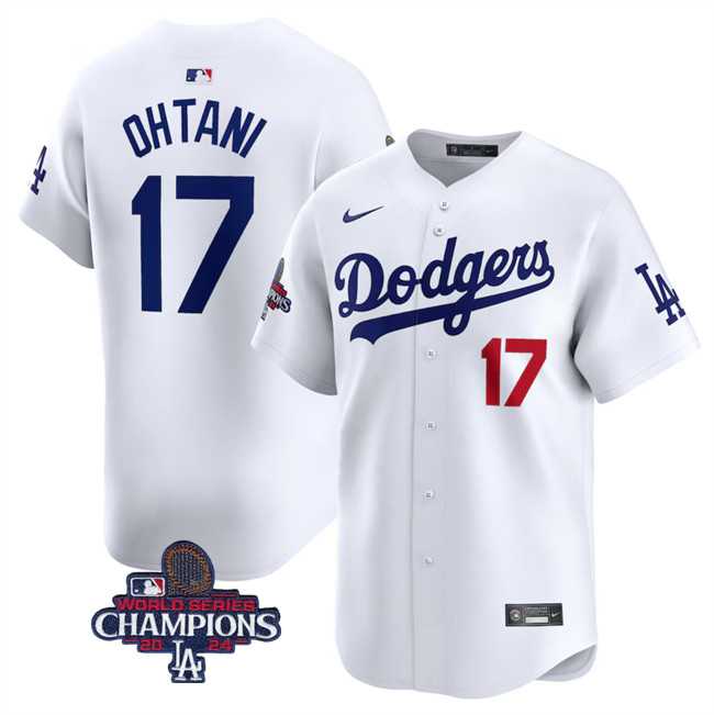 Mens Los Angeles Dodgers #17 Shohei Ohtani White 2024 World Series Champions Home Limited Stitched Baseball Jersey